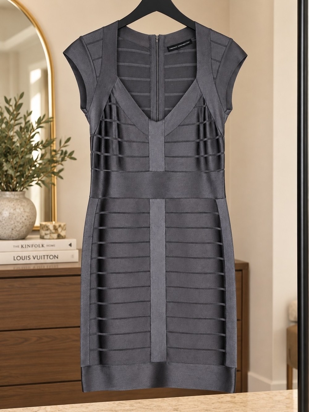 French Connection Dark Grey V-Neck Bandage Bodycon Dress
